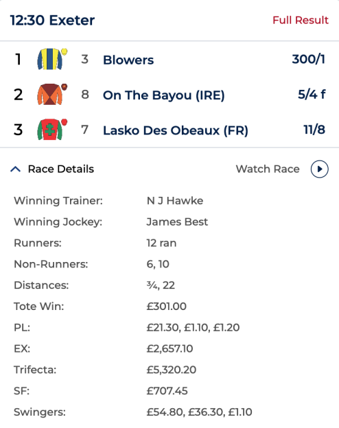 Race results for 12:30 Exeter, showing top three finishers Blowers, On The Bayou (IRE), and Lasko Des Obeaux (FR), along with detailed race information and payouts.