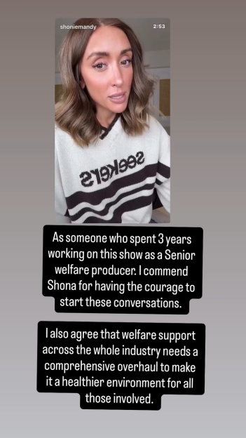 A woman in a white "SEEKERS" sweater, with text overlay discussing welfare support in the entertainment industry.