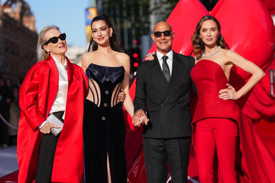 Meryl Streep, Anne Hathaway, Stanley Tucci, and Emily Blunt pose at the premiere of "The Devil Wears Prada 2."