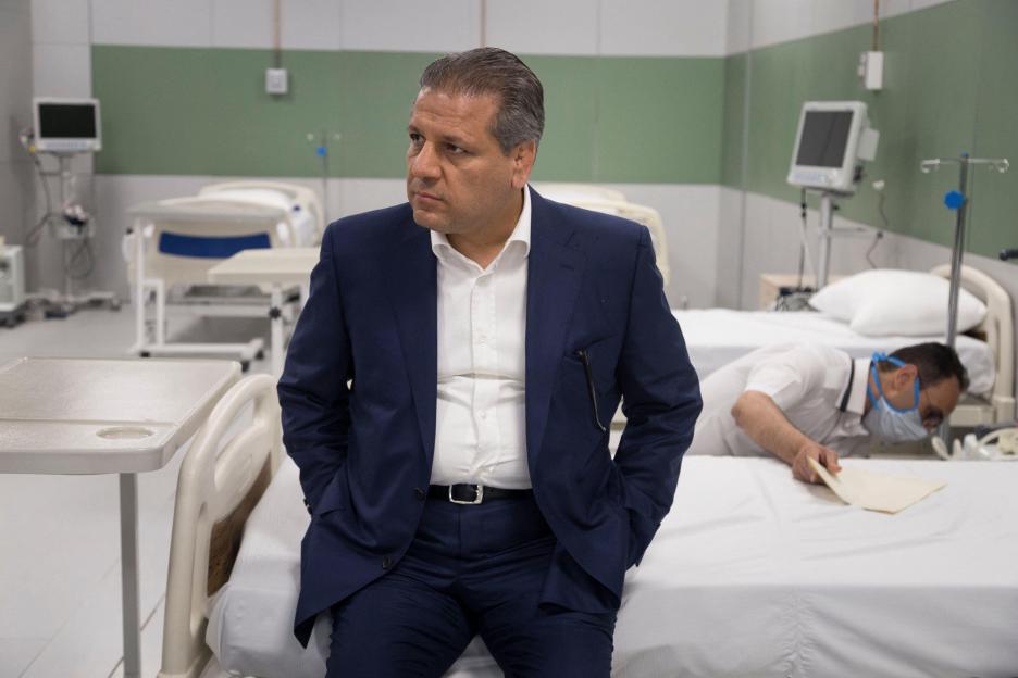Tehran, Iran. 21st March 2020. Iranian Businessman, ALI ANSARI, is seen during an interview at a temporary established emergency hospital in a part of the world's largest shopping mall complex called ''Iran Mall'', to treat patients infected with th
