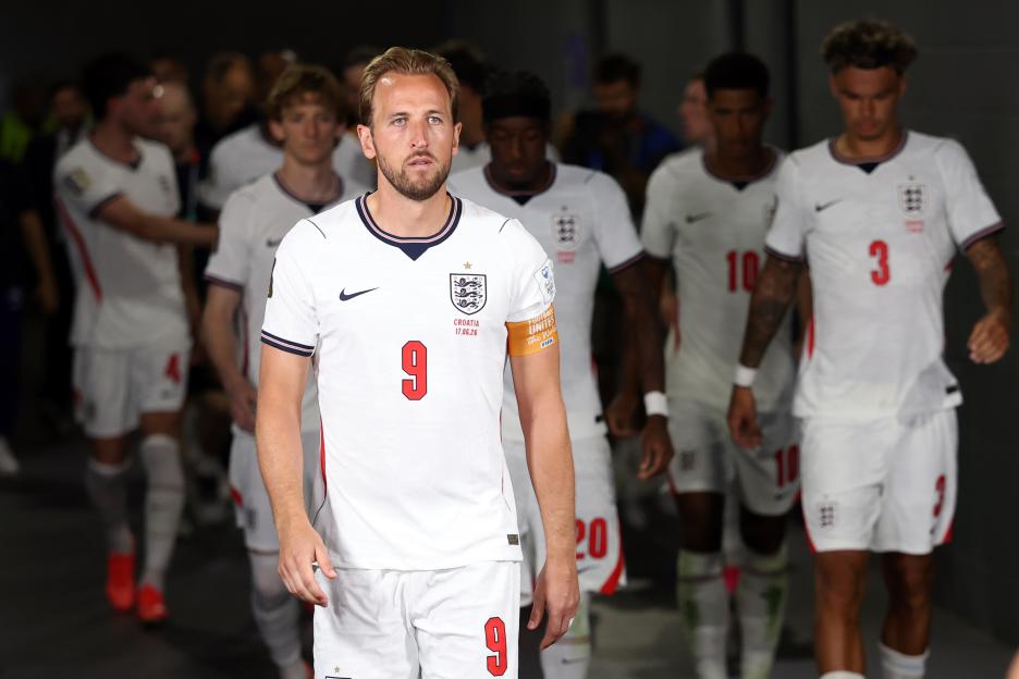 DALLAS, TEXAS - JUNE 17: Harry Kane 9 of England leads his team out during the FIFA World Cup 2026 Group L match between England and Croatia at Dallas Stadium on June 17, 2026 in Dallas, United Sta...