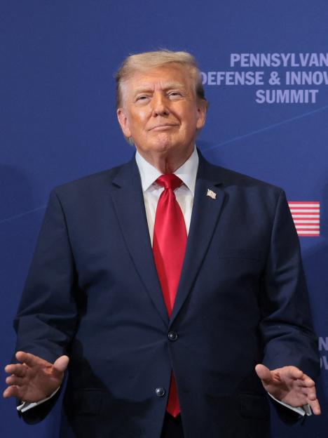U.S. President Donald Trump gestures at the Pennsylvania Defense and Innovation Summit.