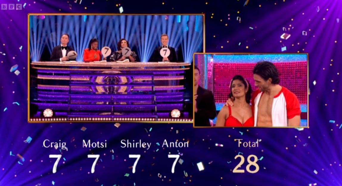 Balvinder Sopal and her dance partner receive scores from judges on Strictly.
