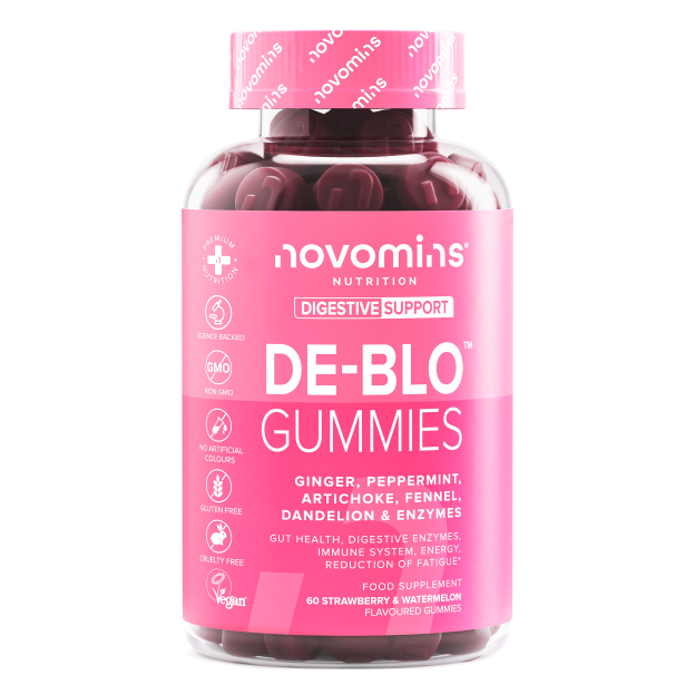 Novomins De-Blo Gummies, a strawberry and watermelon-flavored food supplement in a transparent bottle.