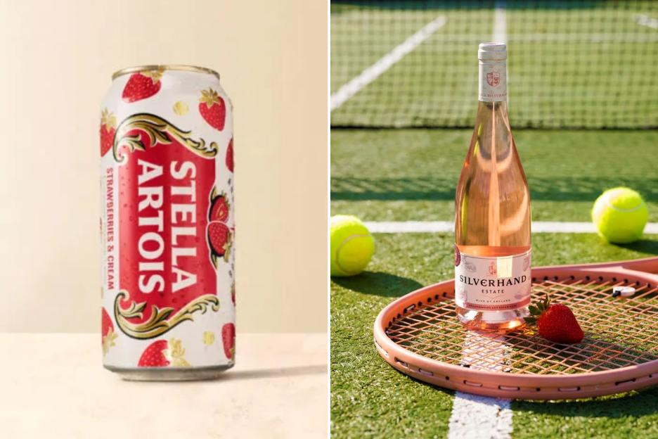 An image collage containing 2 images, Image 1 shows Stella Artois "Strawberries & Cream" beer can, Image 2 shows A bottle of Silverhand Estate rosé wine on a tennis racket, with tennis balls and strawberries on a tennis court