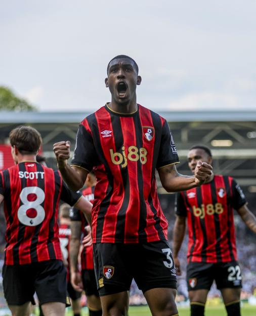Rayan celebrates his winning goal for Bournemouth against Fulham.