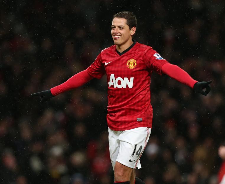 Javier "Chicharito" Hernandez of Manchester United celebrates scoring a goal against Fulham.