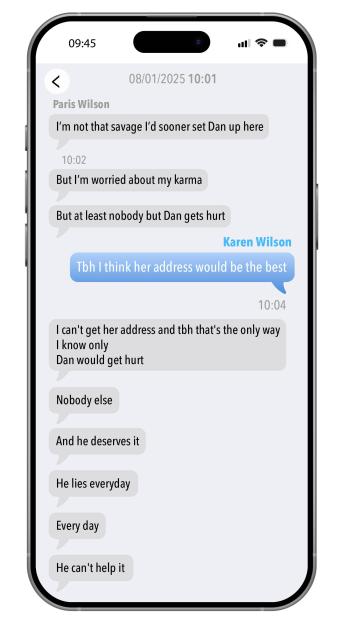 Illustration of a phone displaying a text conversation between Paris Wilson and Karen Wilson about getting an address.