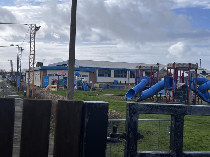Former Pontins holiday park in Prestatyn with an empty playground.