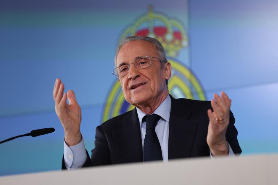 Real Madrid president Florentino Perez speaks at a press conference.