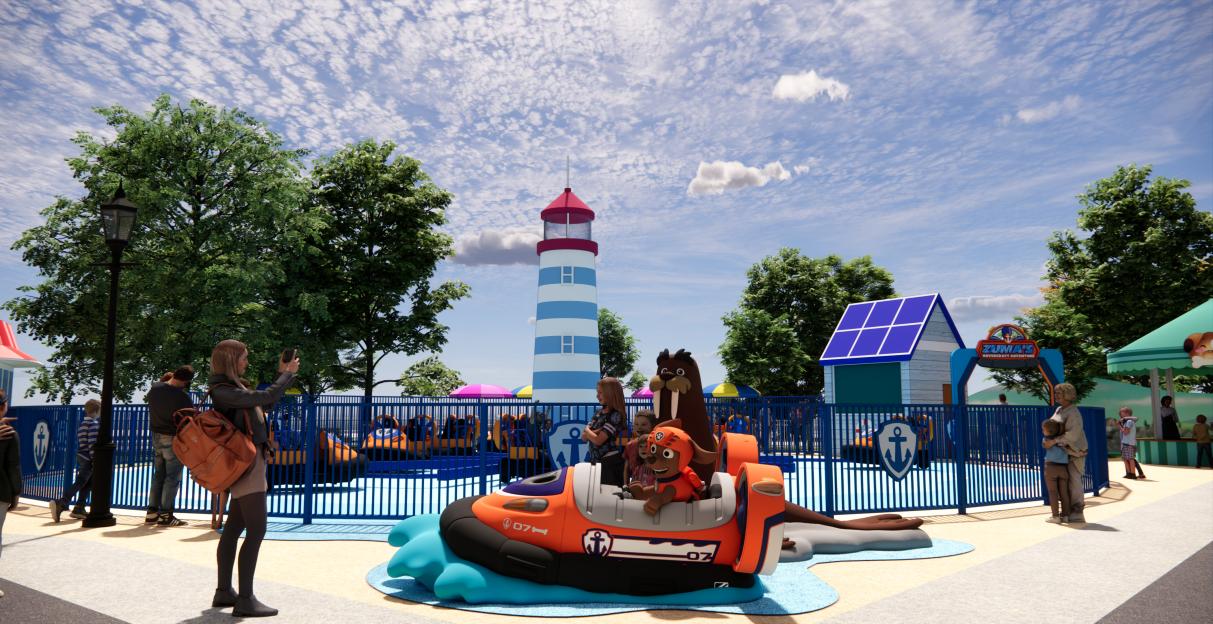 Illustration of Zuma's Drifter Ride with characters and a lighthouse.