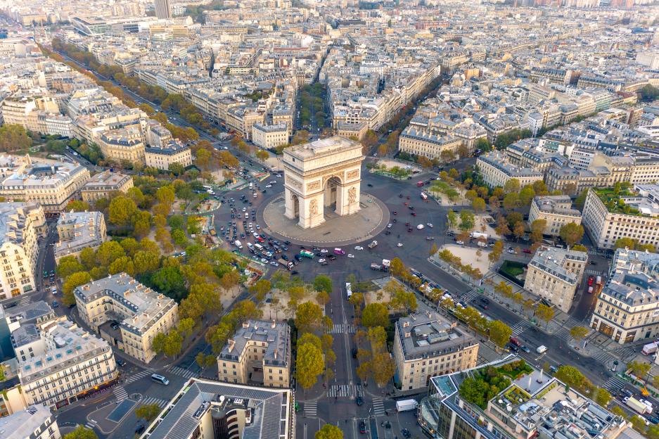 Aerial view of the Arc de Triomphe in Paris.