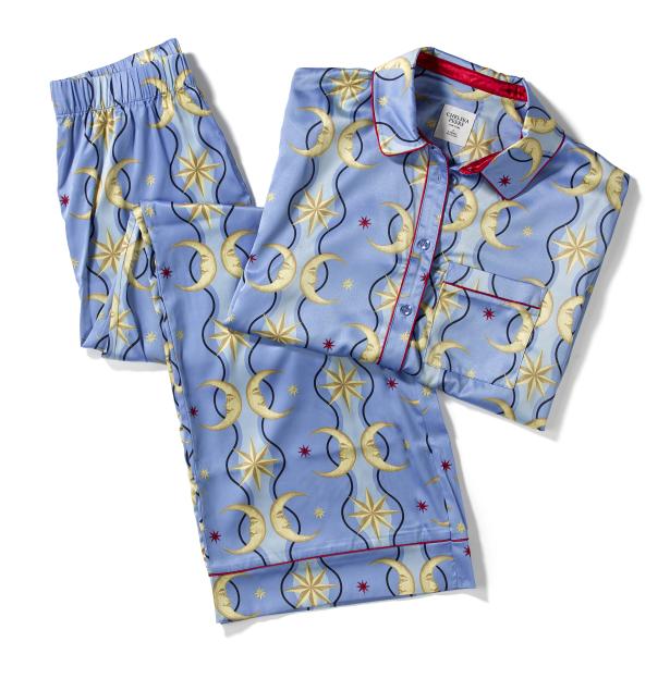 Light blue pajama set with crescent moon and star patterns.