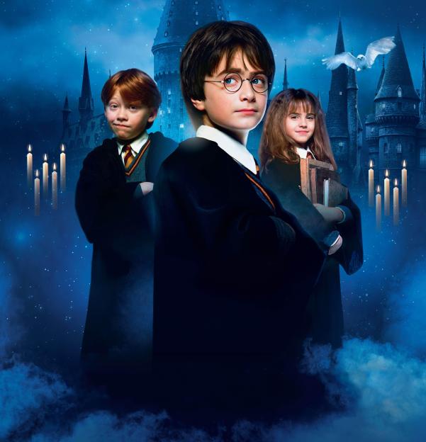 Illustration of Harry, Ron, and Hermione against a Hogwarts background.