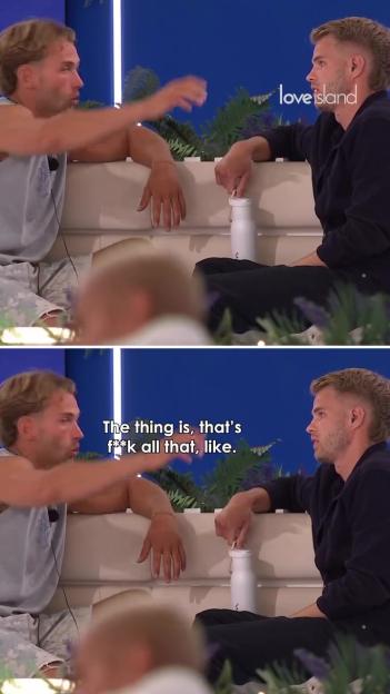 A split image showing two men on a white sofa, with one man speaking to the other with the subtitle, "The thing is, that's f**k all that, like."