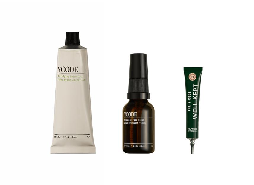 Collage of three Y-Code skincare products: Mattifying Moisturizer, Hydrating Face Serum, and Well Kept Advanced Eye Serum.