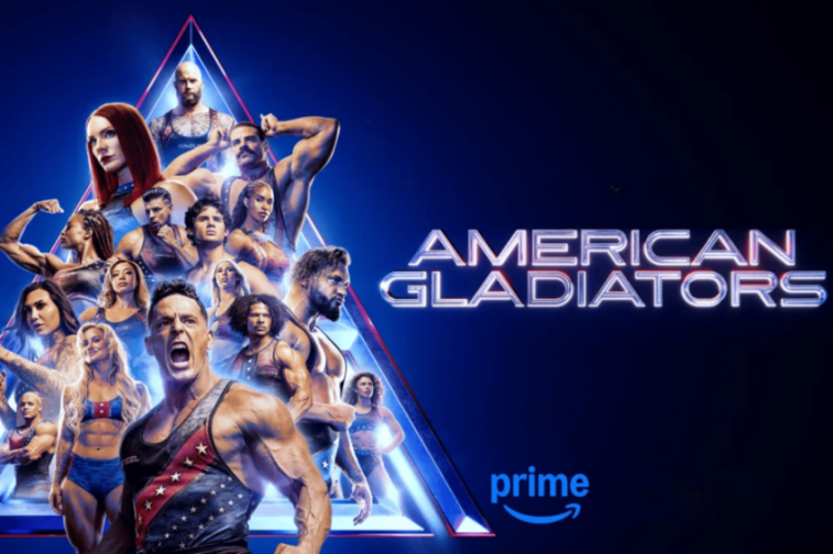 Collage of "American Gladiators" cast members posing in athletic attire, with the show title and Prime logo.