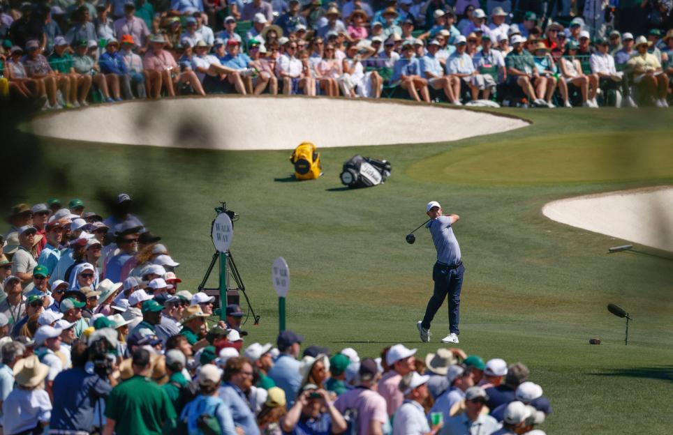 Augusta, United States. 11th Apr, 2026. Rory McIlroy of Northern Ireland hits his tee shot on the 3rd hole during the third round of the Masters Tournament at Augusta National Golf Club on Saturday, April 11, 2026, in Augusta, Georgia. Photo by John