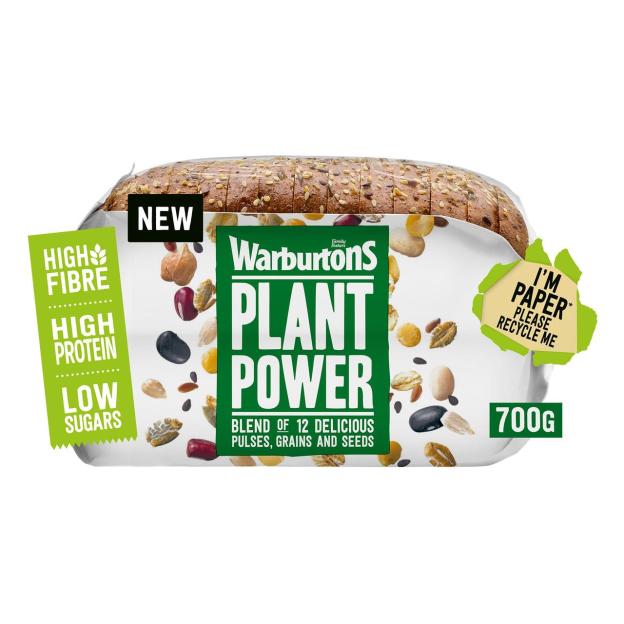 Warburtons Plant Power bread, described as "New," "High Fibre," "High Protein," and "Low Sugars," made with a "blend of 12 delicious pulses, grains and seeds," weighing 700g, and featuring a "I'm Paper, Please Recycle Me" label.