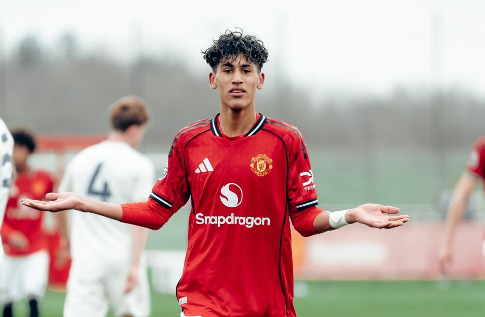 JJ Gabriel of Manchester United celebrates scoring their third goal.