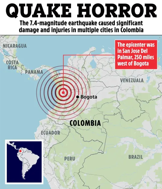 Illustration of a map showing the epicenter of a 7.4 magnitude earthquake in Colombia.