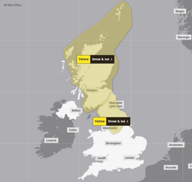 Illustration of a weather warning map showing areas in the UK, including Scotland, Newcastle, and Manchester, under a yellow snow and ice alert from the Met Office.