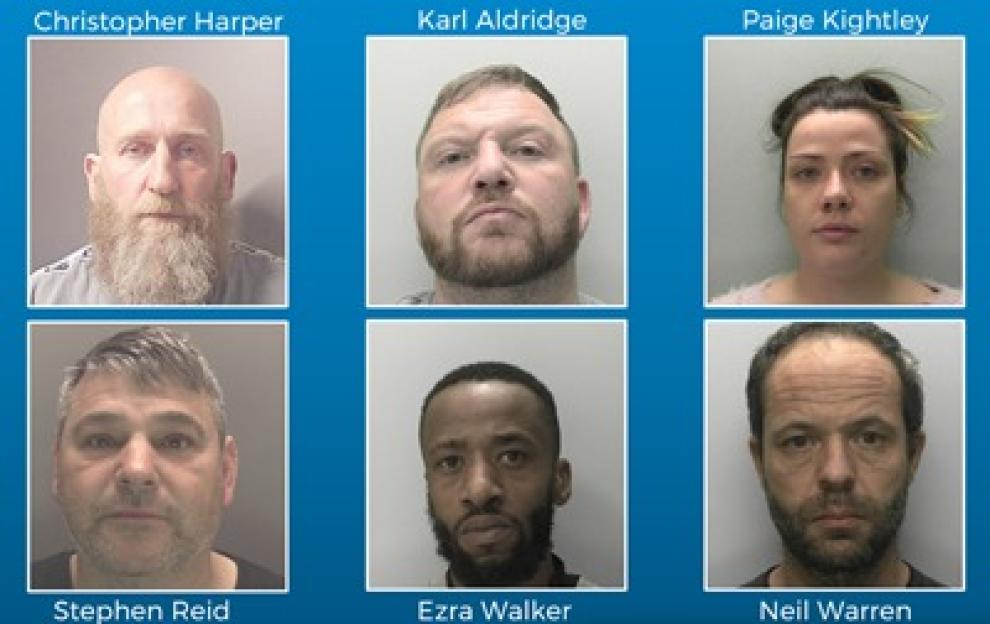 Collage of mugshots of Christopher Harper, Karl Aldridge, Paige Kightley, Stephen Reid, Ezra Walker, and Neil Warren.