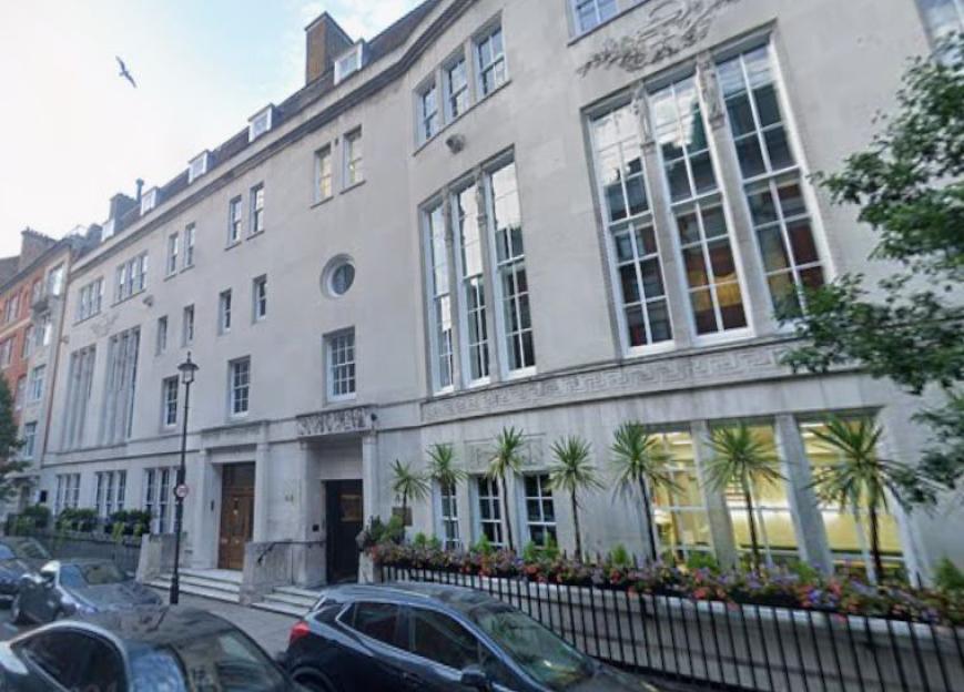 The exterior of 50 Hallam Street, Marylebone.