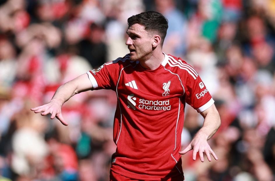 Liverpool's Andy Robertson reacts during a football match.