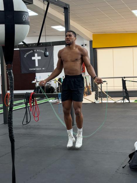 Anthony Joshua skipping rope in a training camp.