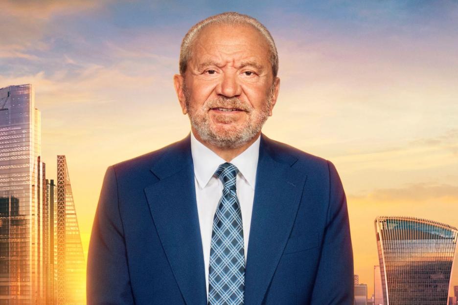 An image collage containing 1 images, Image 1 shows Lord Alan Sugar in a blue suit and tie stands against a backdrop of a city skyline at sunset