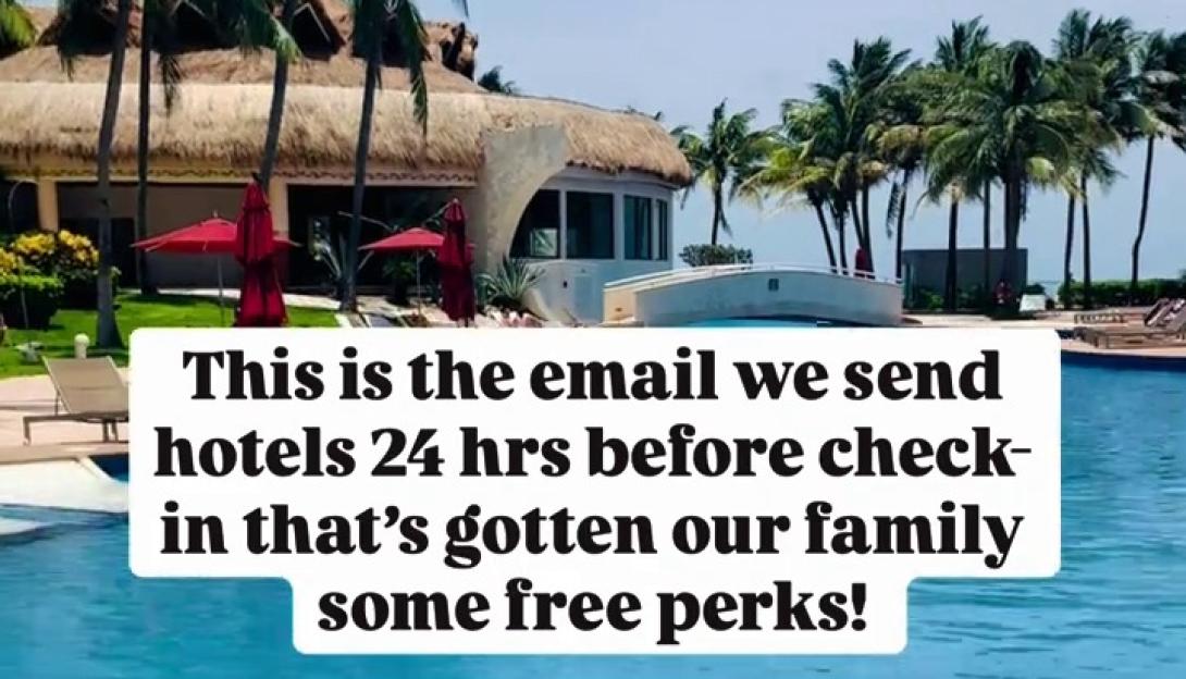 A tropical resort with a swimming pool and palm trees, with text about an email that gets families free hotel perks.