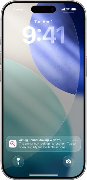 An iPhone lock screen displaying an "AirTag Found Moving With You" notification.