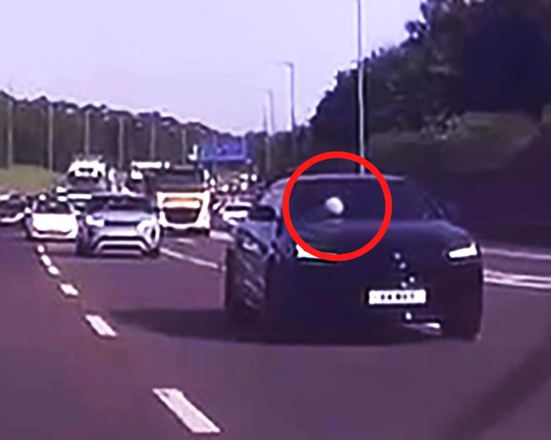 A white object, circled in red, visible through the rear windshield of a dark car on a highway.