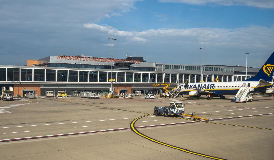 View of the gates and airplane parking at Charleroi Bruxelles Sud international airport in Belgium.