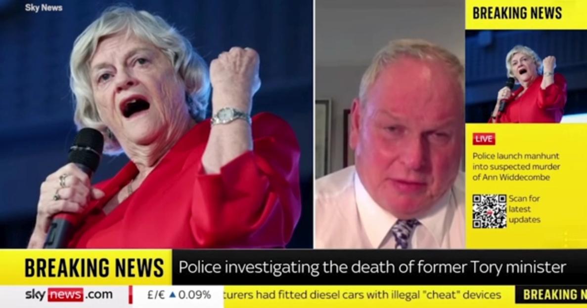 Collage of a woman speaking at a podium and a man on a video call, alongside news headlines about a police investigation into the death of a former Tory minister.