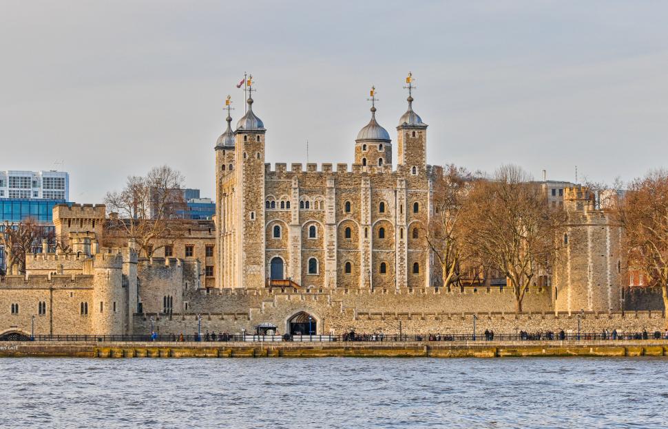 The Tower of London, a medieval fortress and UNESCO World Heritage site, situated on the banks of the River Thames.