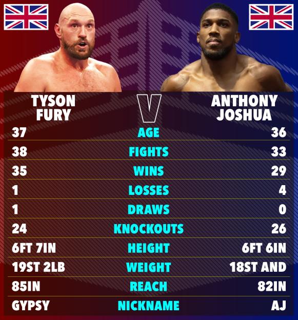 Collage of Tyson Fury and Anthony Joshua boxing stats.