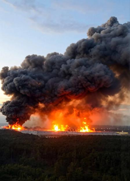 A massive fire with thick black smoke billowing into the sky from a logistics center.