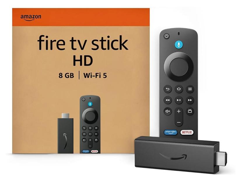 Amazon Fire TV Stick HD with 8GB storage and Wi-Fi 5 capabilities, shown with its remote control and packaging.