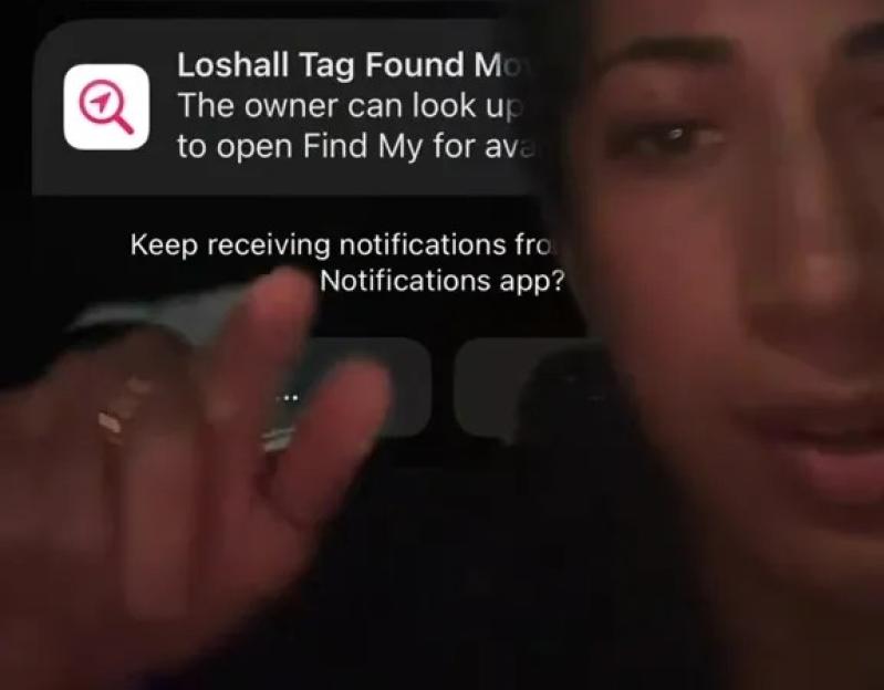 A phone screen showing "22:23", music player for "Be Faithful" by Fatman Scoop, and a notification "Loshall Tag Found Mo" about an owner being able to look up a tag on Find My.