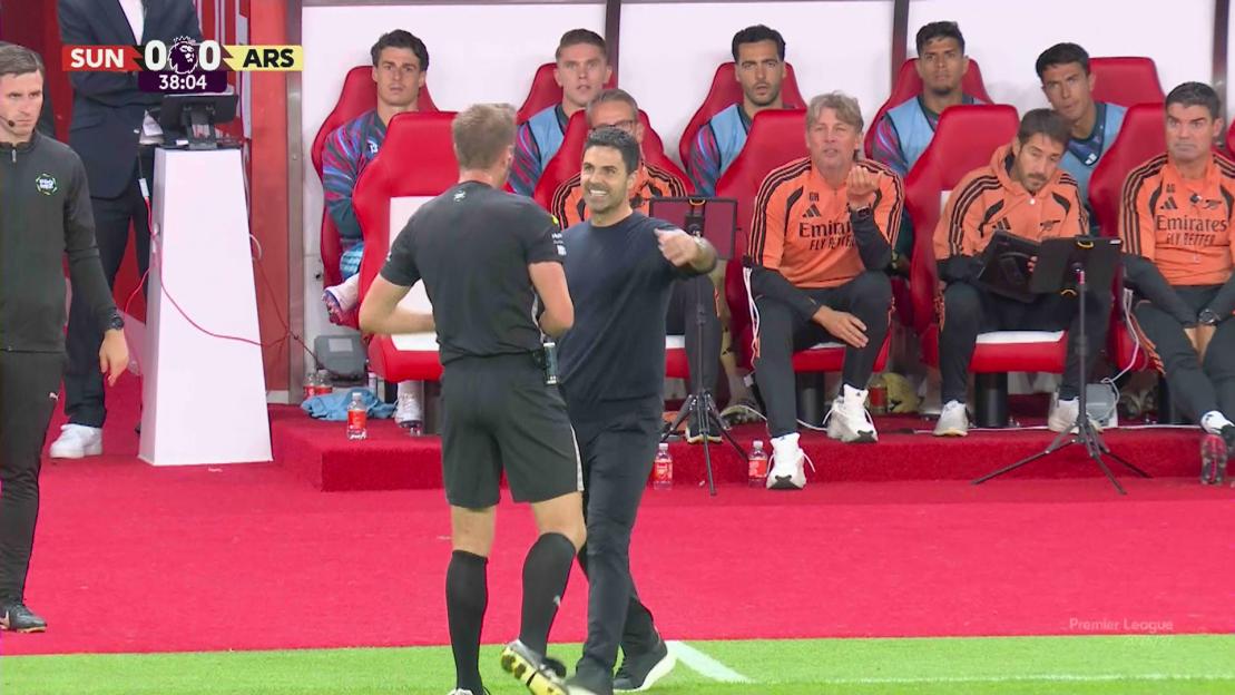 Mikel Arteta tries to hug referee Stuart Attwell as Arsenal boss ‘finally’ gets booked for leaving technical area