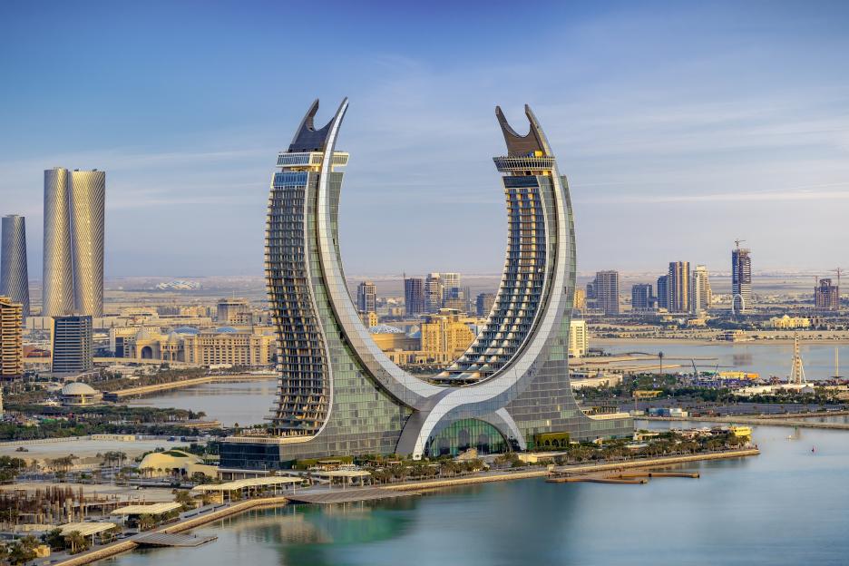 Katara towers and other buildings in Lusail, Qatar.