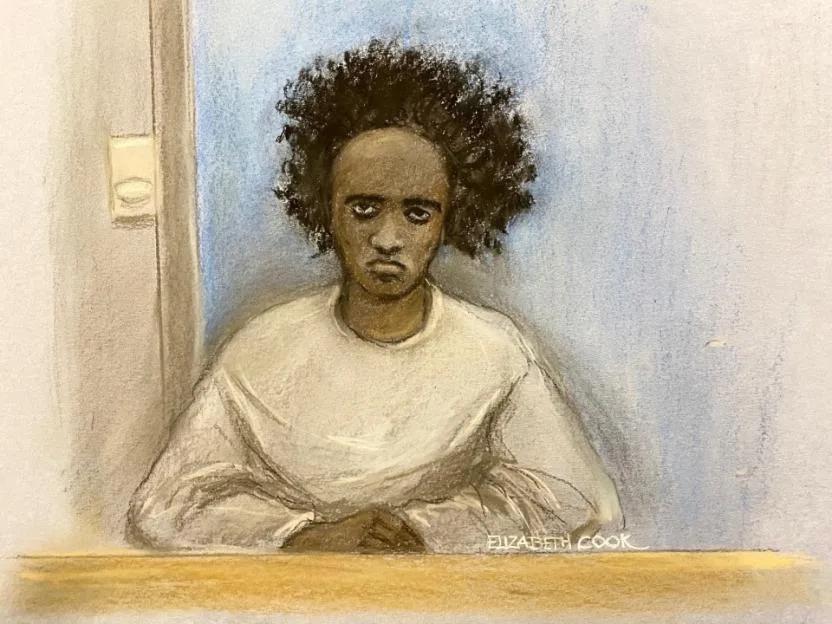 Illustration of Axel Rudakubana appearing via videolink during a preparatory hearing at Liverpool Crown Court.