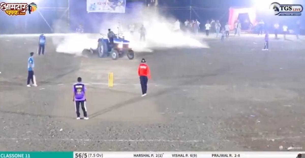 'Aura Farming: Fans Stunned as Tractor Crashes Cricket Match, Leaving Field in Ruins!'