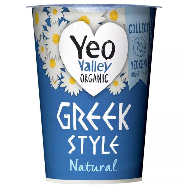 Yeo Valley Organic Greek Style Natural yogurt container.