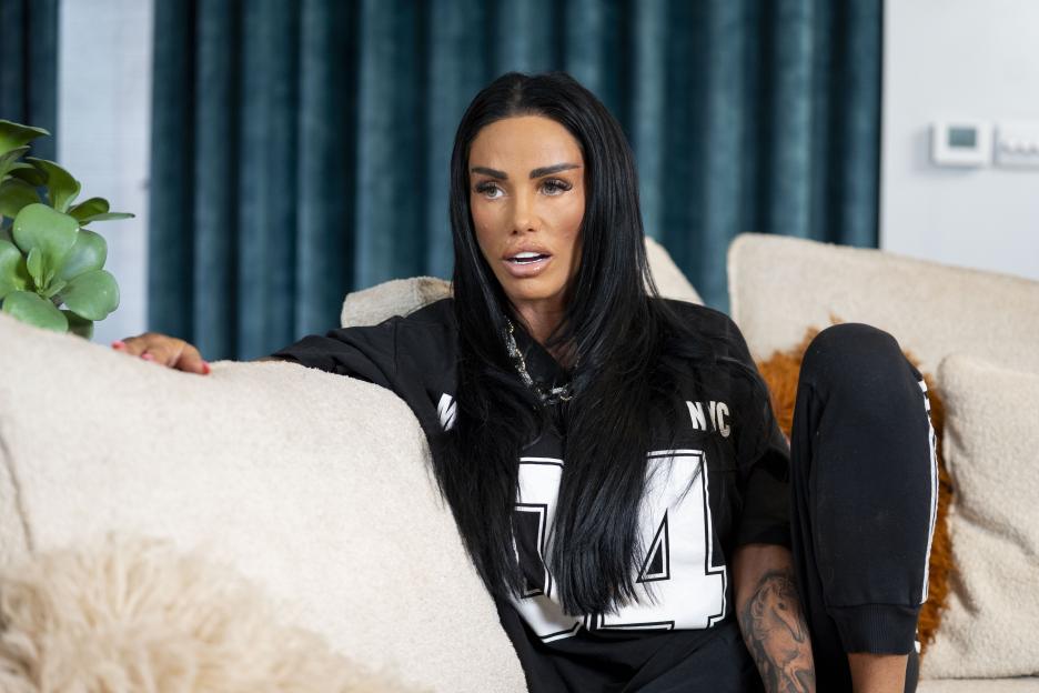 Katie Price sitting on a sofa, speaking to Clemmie Moodie about her recent marriage in Dubai.