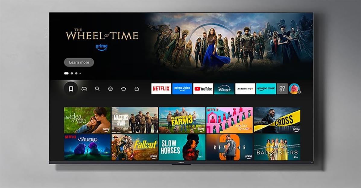 A large, thin television displaying streaming content on a black interface.