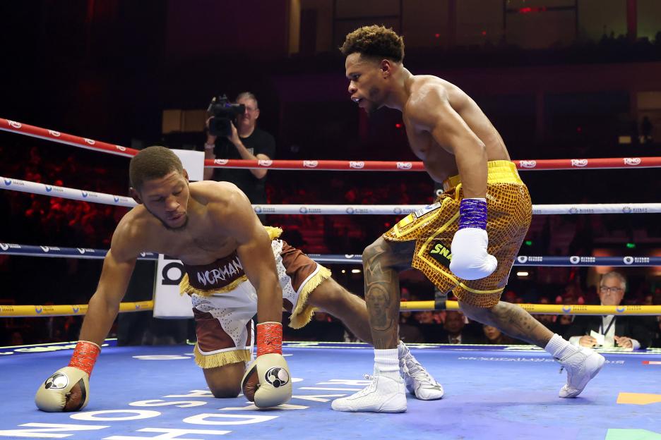 Brian Norman Jr. knocked down by Devin Haney in a WBO world welterweight title fight.