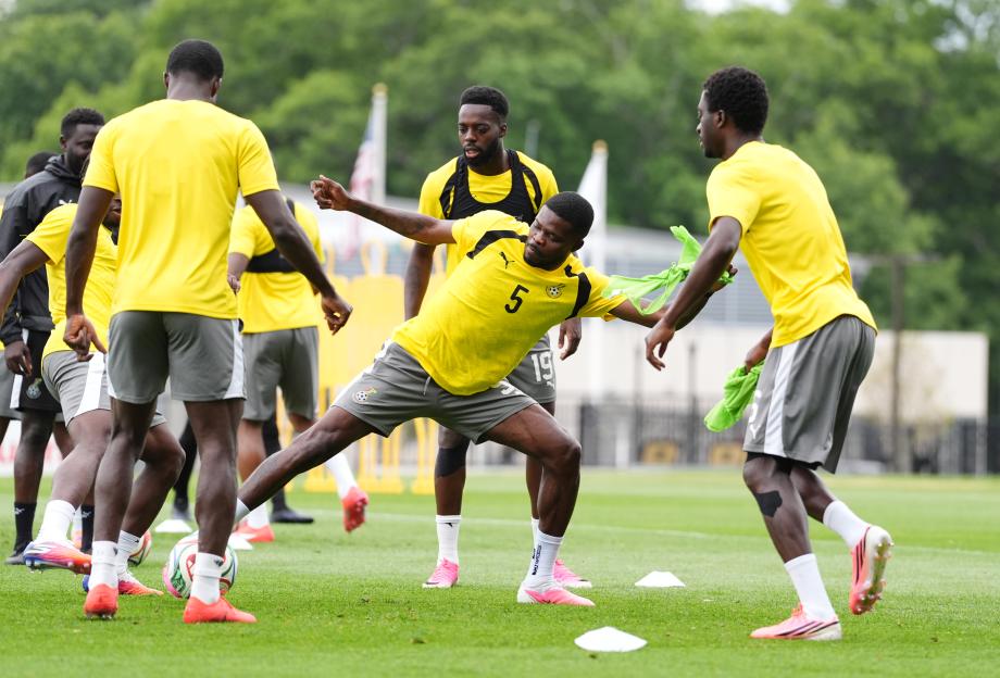 Ghana's Thomas Partey (center) during a training session at Bryant University, Smithfield.